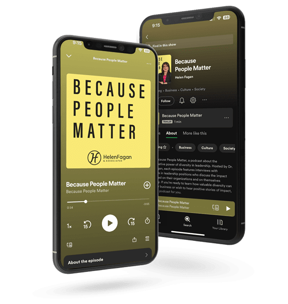 Because People Matter podcast, two screens on mobile devices that show the podcast being played, and the podcast episode thumbnail with brief episode description